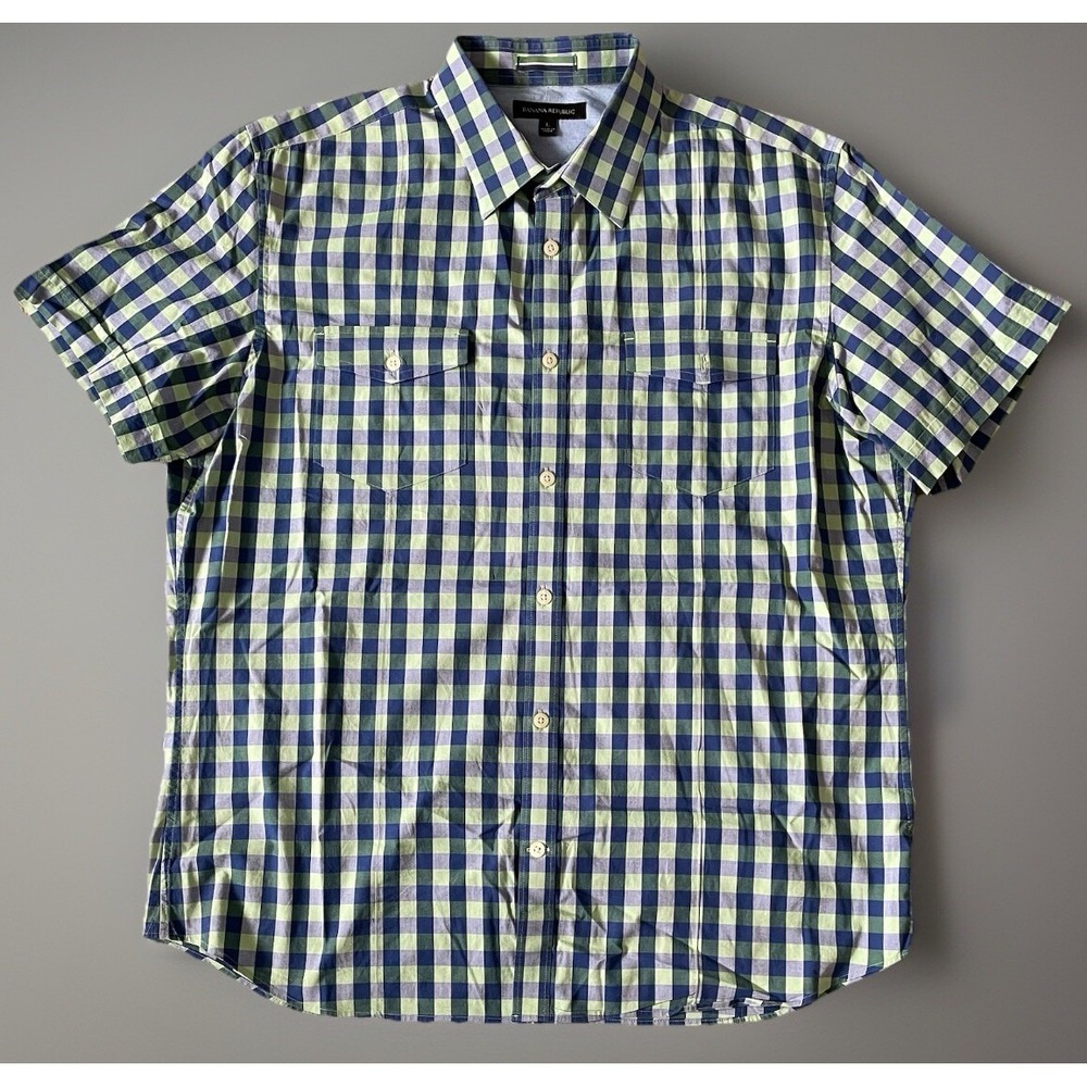 Banana Republic Short Sleeve Button Up Shirt Blue Green Plaid Pocket Large JBHS